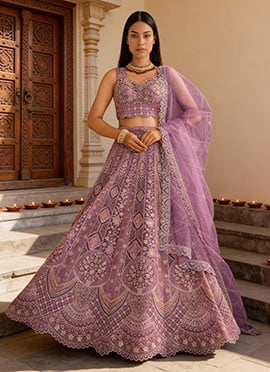 Lavender Net Zari Embroidered Sequins With Stone Work Lehenga