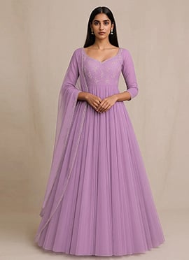 Lavender Net Zari Sequins Hand Embroidered Anarkali Suit