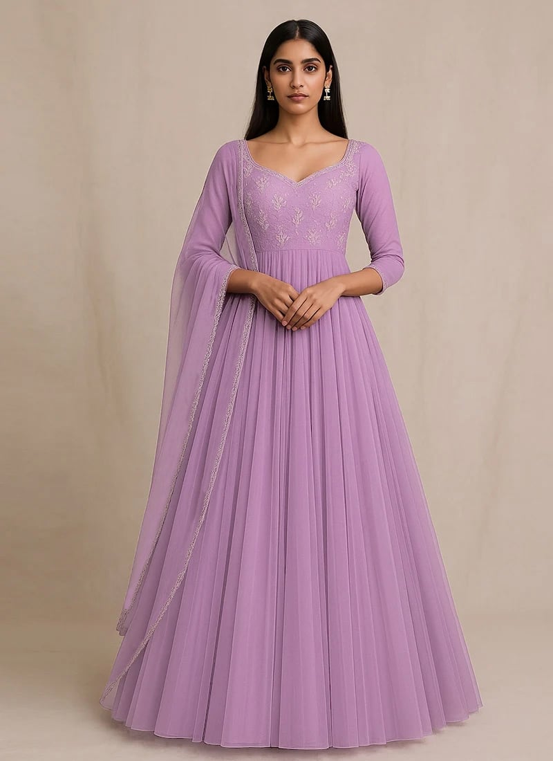 Lavender Net Zari Sequins Hand Embroidered Anarkali Suit