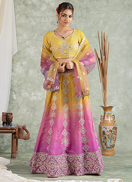 Lavender Organza Bandhini Print Zari Embroidered Sequins Lehenga