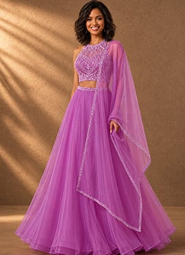 Lavender Organza Hand Embroidered Stone Work Lehenga
