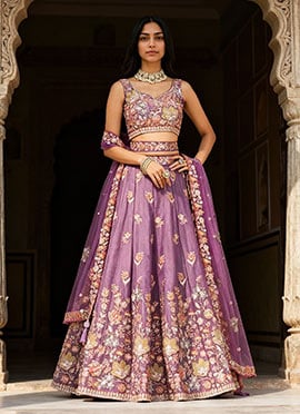 Lavender Organza Zari And Sequins Embroidered Umbrella Lehenga