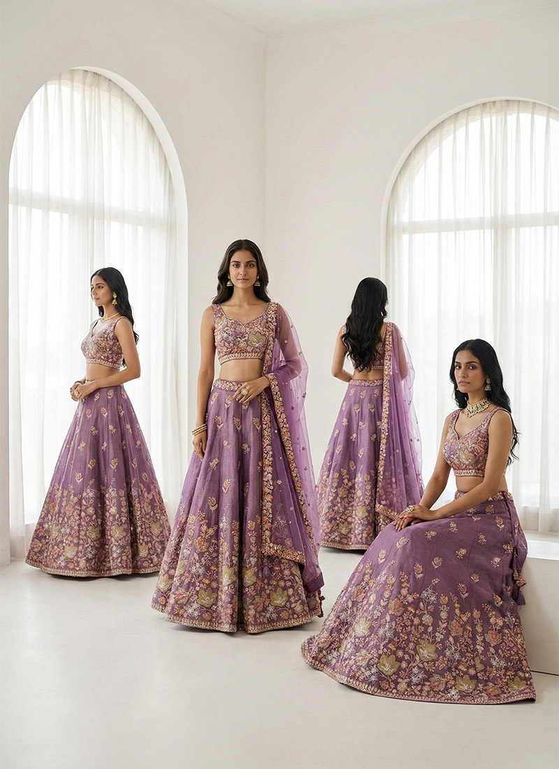 Lavender Organza Zari And Sequins Embroidered Umbrella Lehenga Wedding Wear