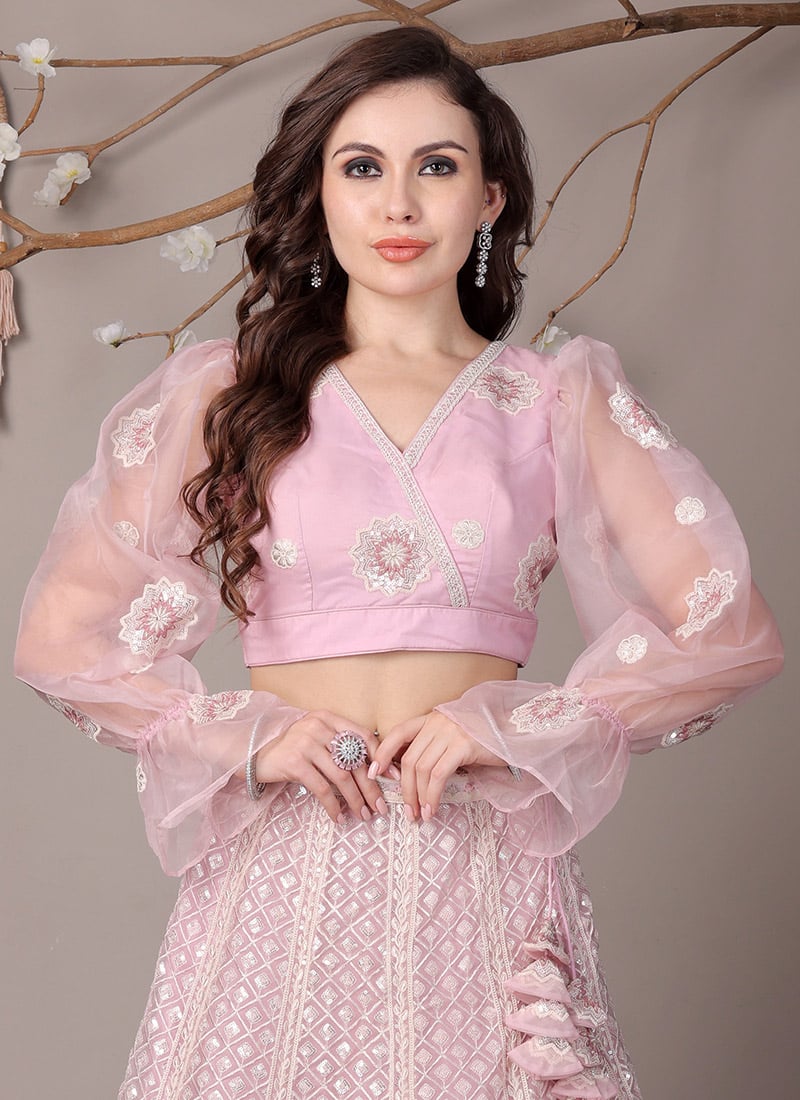 Lavender Pink Organza Embroidered Chic Blouse Wedding Wear