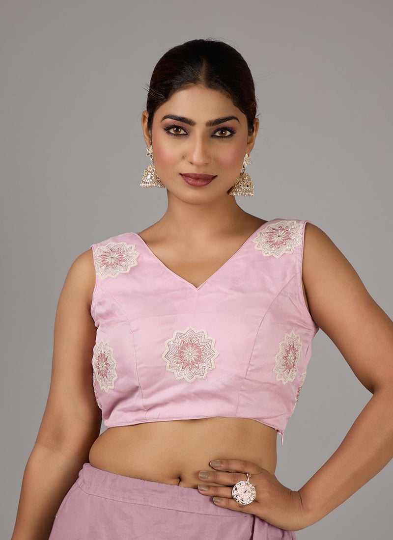 Lavender Pink Organza Embroidered V Neck Blouse Party Wear