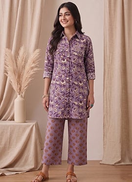 Lavender Printed Cotton Kurta Set