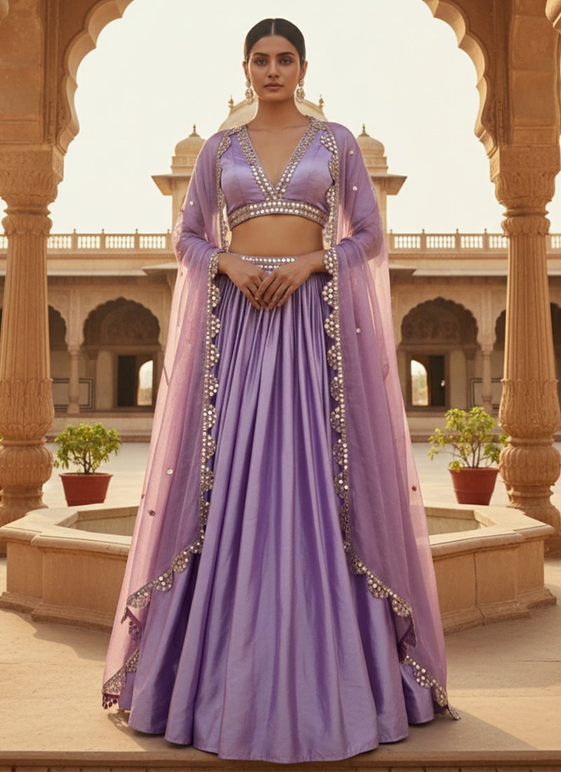 Lavender Satin Silk Hand Embroidered Zari And Mirror Work Lehenga