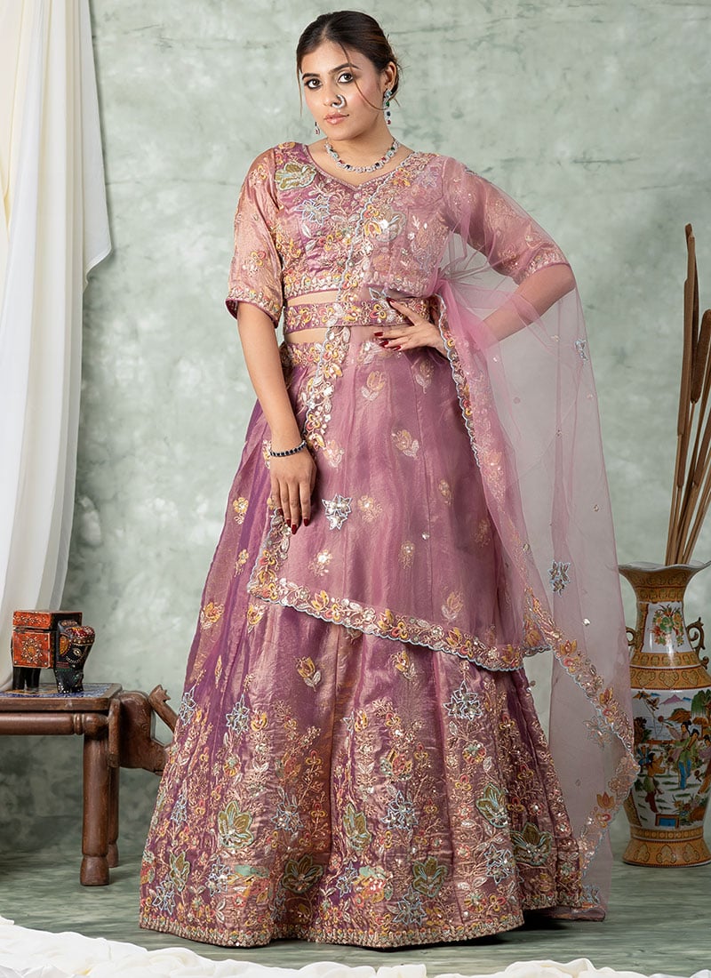 Lavender Shimmer Organza Embroidered Sequins Lehenga Wedding Wear
