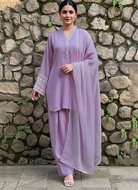 Lavender Silk Beads Stones Hand Embroidered Farshi Style Salwar Suit