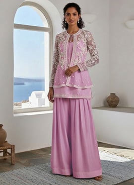 Lavender Silk Hand Embroidered Sequins Stone Work Indowestern Jacket Palazzo Set