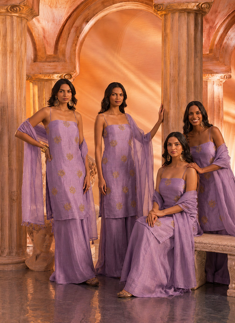 Lavender Silk Hand Embroidered With Stone Work Palazzo Suit After Six Wear