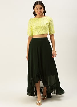 Lemon Yellow Embroidered Crop Top N Skirt
