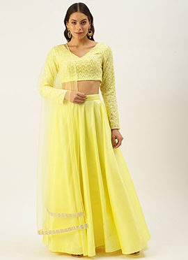 Lemon Yellow Embroidered Low V Neck Lehenga Set