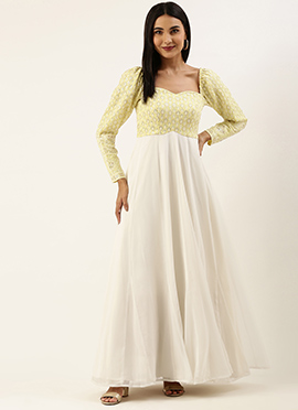 Lemon Yellow Embroidered White Georgette Gown