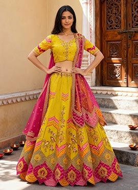 Lemon Yellow Silk Zari Embroidered Sequins Vibrant Lehenga