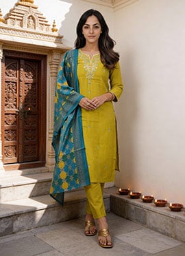 Lemon Yellow Viscose Chanderi Embroidered Straight Pant Suit With Foil Print Dupatta