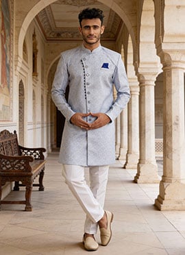 Light Blue Banarasi Jacquard Indowestern Sherwani