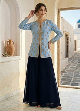 Light Blue Beads Hand Embroidered Mirror And Stones Indowestern Palazzo Set