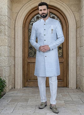 Light Blue Cotton Silk Sequins Indowestern Sherwani  For Men