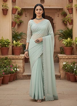 Light Blue Crunchy Silk Embroidered Sequins Saree