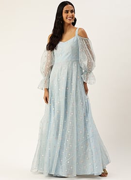 Teen Girls Light Blue Embroidered Organza Gown