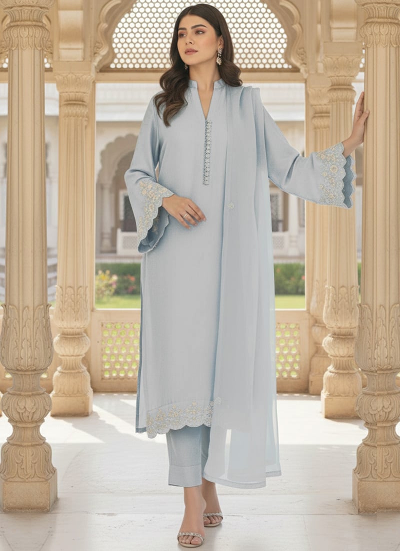 Light Blue Georgette Zari Sequins Straight Pant Suit Festive Wear