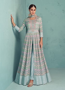 Light Blue Georgette Thread Embroidered N Sequins Anarkali Suit