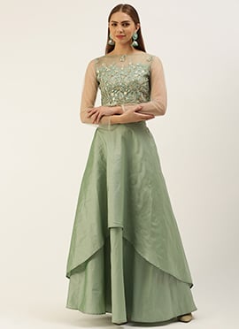 Light Blue Net Embroidered Crop Top N Skirt Set