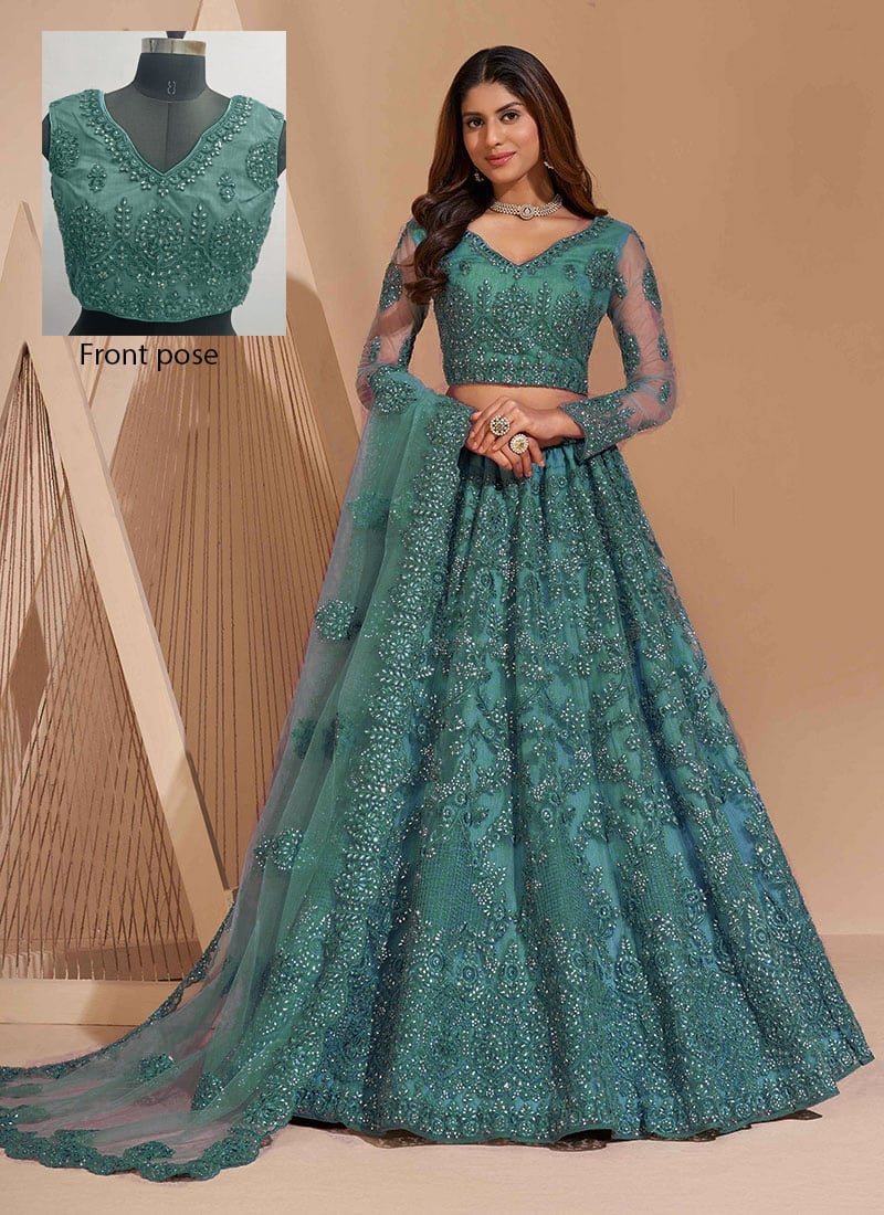Light Blue Net Embroidered N Stones Umbrella Lehenga