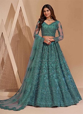 Light Blue Net Embroidered N Stones Umbrella Lehenga