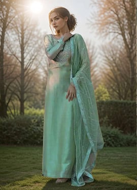 Light Blue Organza Thread Hand Embroidered Stones Straight Pant Suit