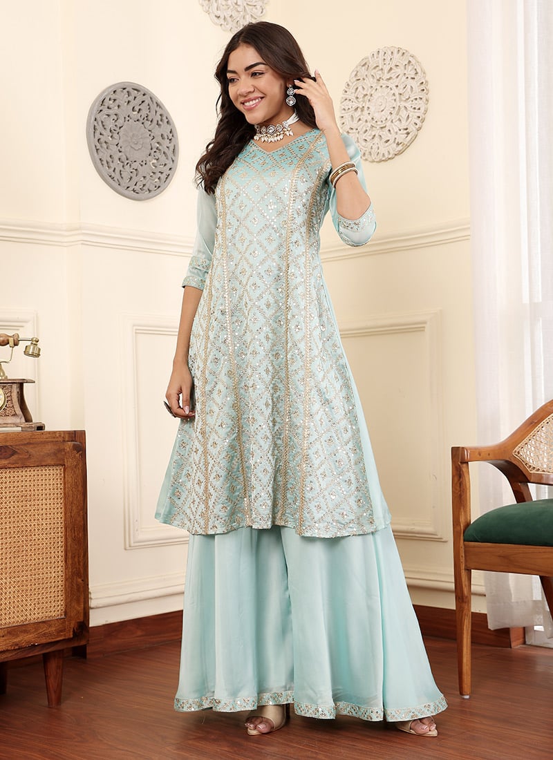 Light Blue Rangoli Silk Embroidered A Line Top Festive Wear