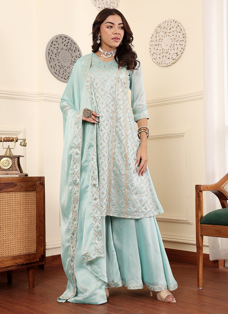 Light Blue Rangoli Silk Embroidered Palazzo Suit Festive Wear