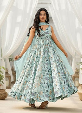 Light Blue Rayon Digital Print Anarkali Suit