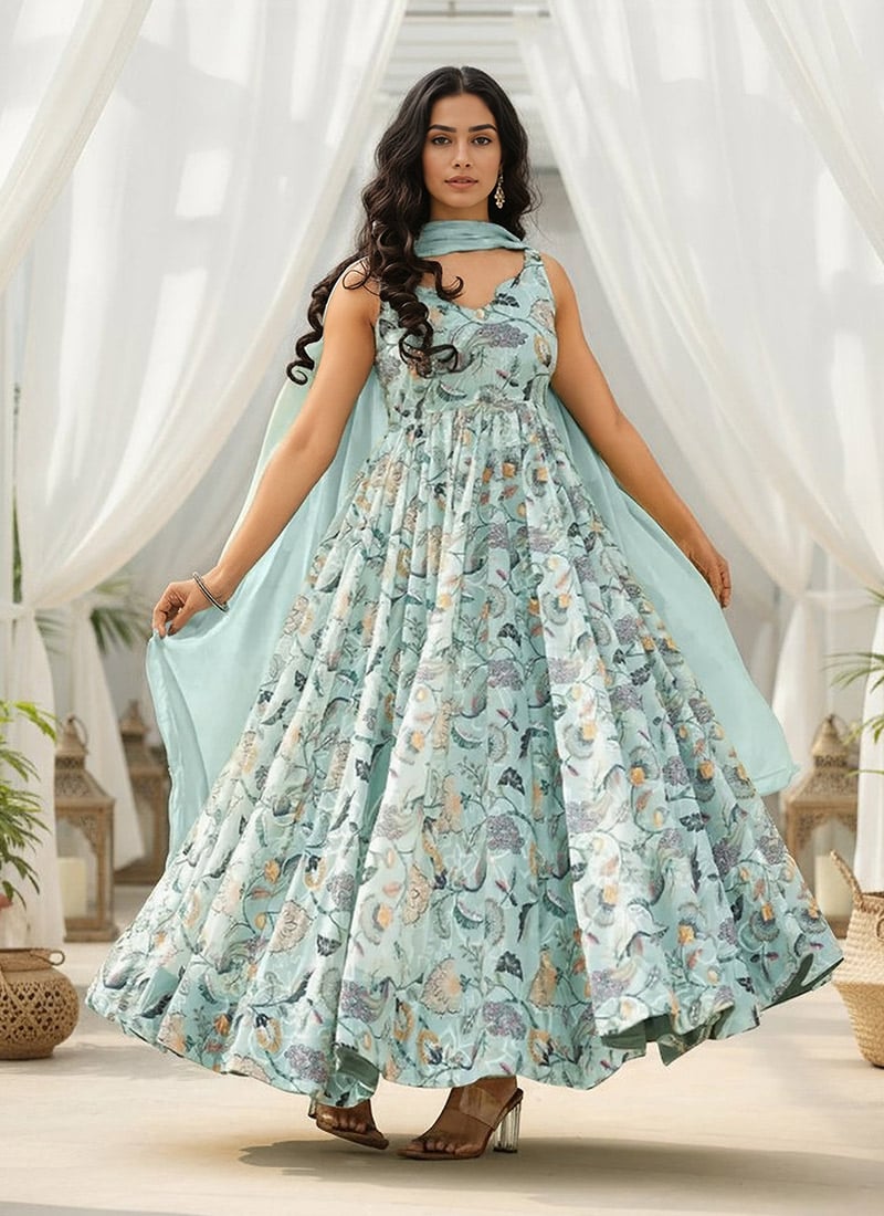 Light Blue Rayon Digital Print Anarkali Suit