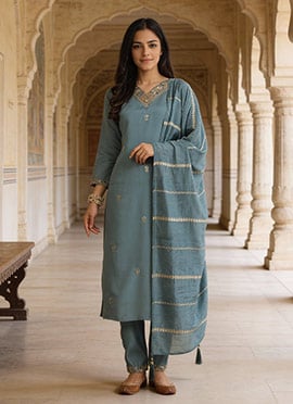 Light Blue Roman Silk Embroidered Straight Pant Suit