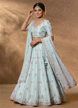 Light Blue Silk Embroidered Regal Lehenga