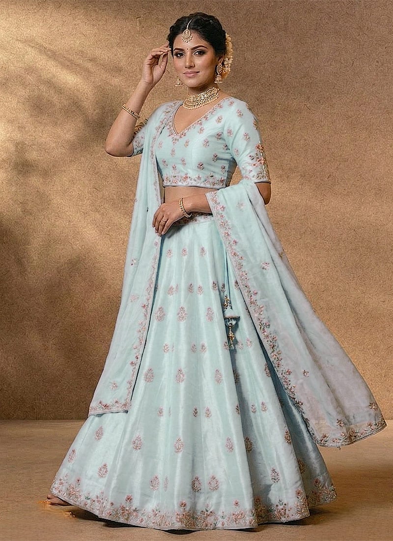 Light Blue Silk Embroidered Regal Lehenga Wedding Wear