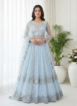 Light Blue Zari Georgette Embroidered Sequins Lehenga Set