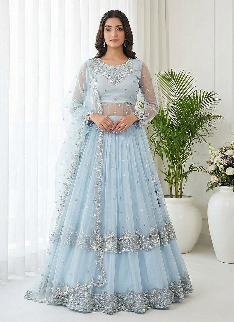 Light Blue Zari Georgette Embroidered Sequins Lehenga Set Wedding Wear
