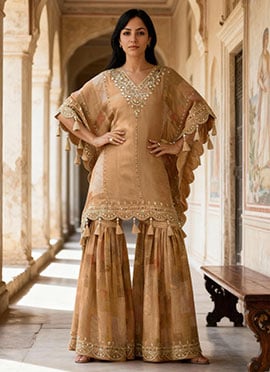 Light Brown Chinon Silk Gota Work With Embroidered Sequins Kaftan Indowestern Set