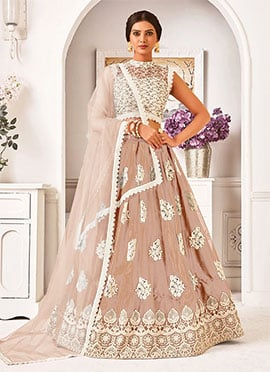 Light Brown Mono Net Lace N Sequins Umbrella Lehenga