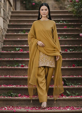 Light Brown Silk Zari Resham Sequins Farshi Style Salwar Suit