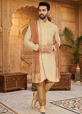 Light Golden Printed Cotton Silk Indowestern Sherwani