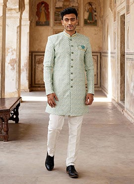 Light Green Banarasi Jacquard Indowestern Sherwani