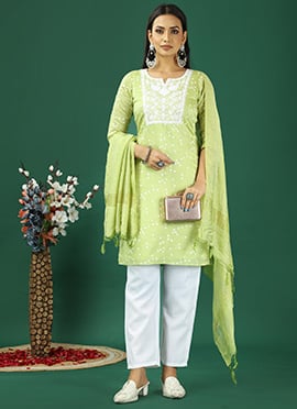 Light Green Cotton Foil Printed Straight Pant Suit
