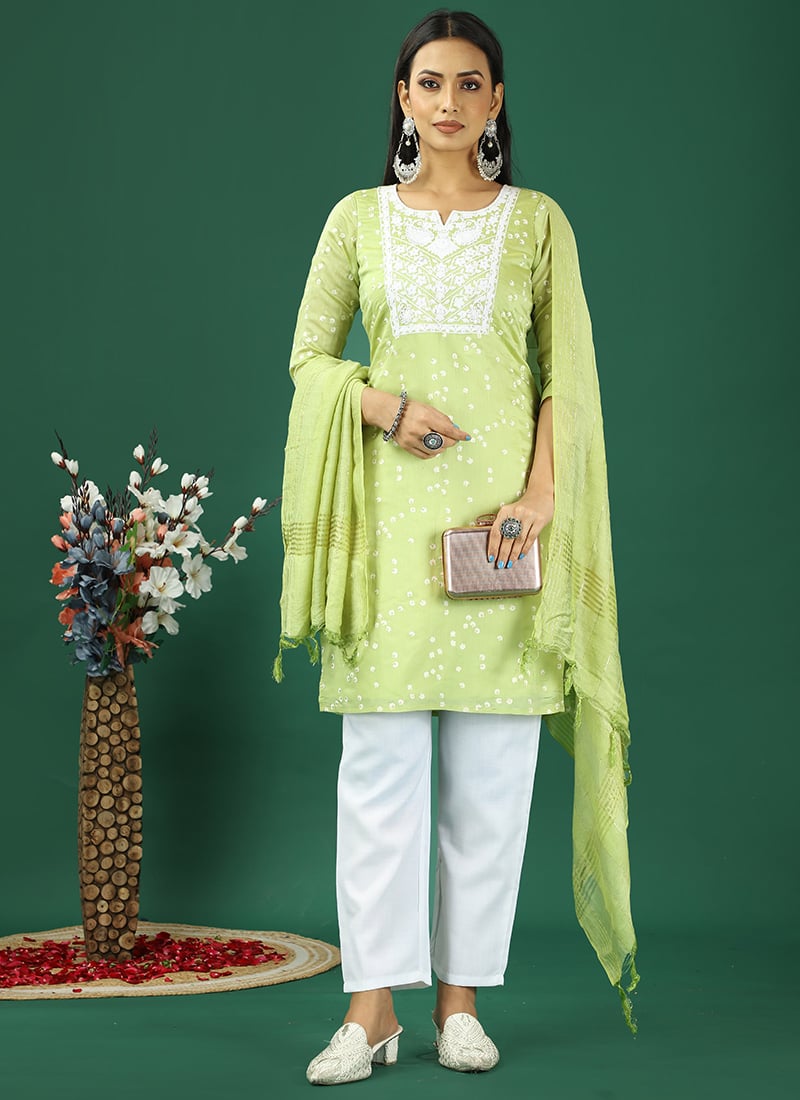 Teen Girls Light Green Cotton Foil Printed Straight Pant Suit Festive Wear