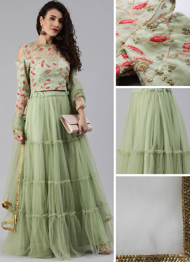 Light Green Embroidered Organza Lehenga Set Festive Wear