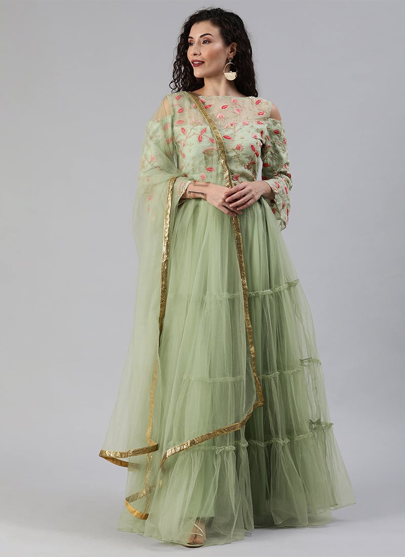 Light Green Embroidered Organza Lehenga Set