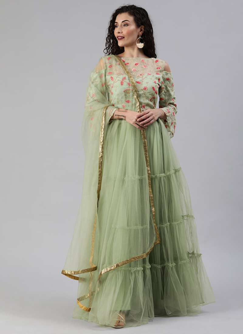 Light Green Embroidered Organza Lehenga Set